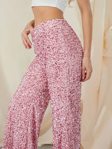 Women’s Casual Loose Wide Leg Pants – Elastic Band High Waist Sequin Trousers