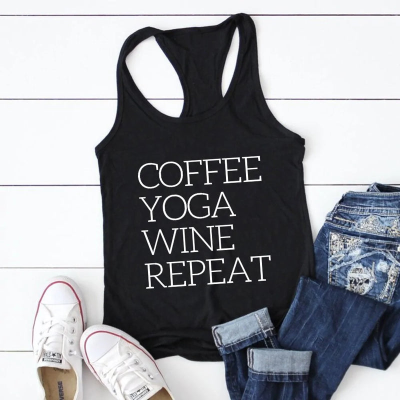 Repeat Coffee, Yoga, Wine: Funny Racerback Tank for Gym and Summer Workouts