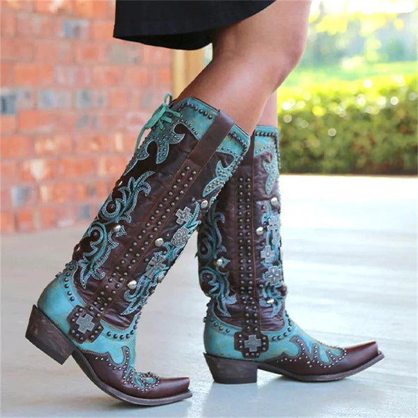 Chic Embroidered Lace-Up Mid-Calf Boots