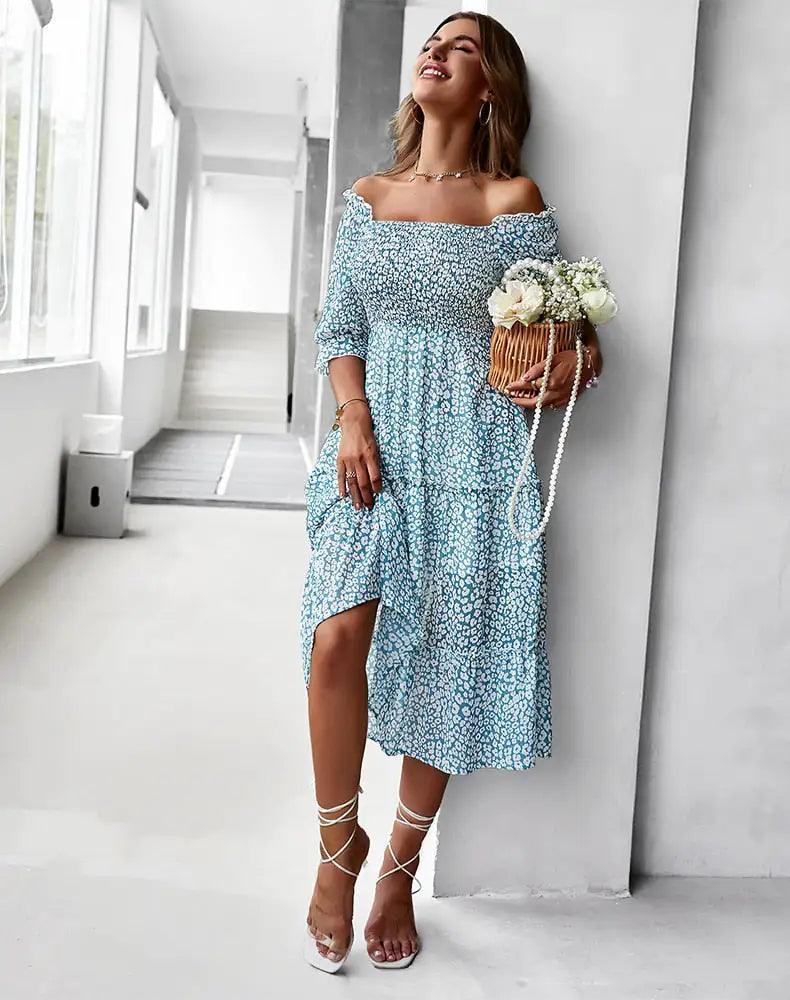 Off Shoulder High Waist Ruffle Stitching Dress - The Next Door Neighbor 