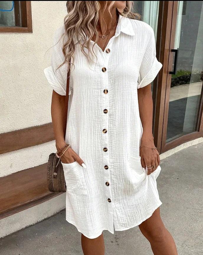 Summer Short Sleeve Solid Color Shirt Dress