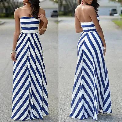 Navy Striped Long Sleeveless Dress