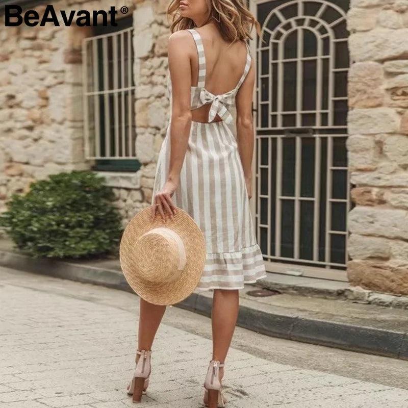 BeAvant Button Striped Linen Cotton Dress