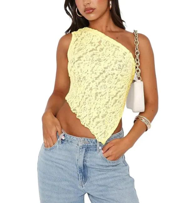 Fairy Lace Cami Top – Sexy One-Shoulder Mesh Crop Tank