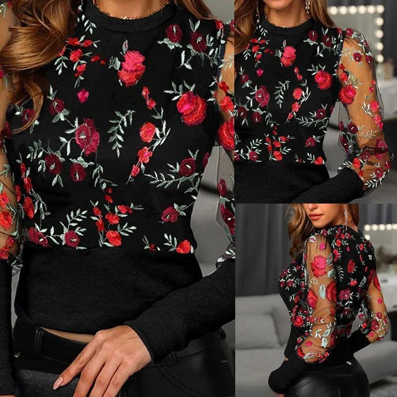 Patchwork Mesh Embroidered Floral Long Sleeve Blouse