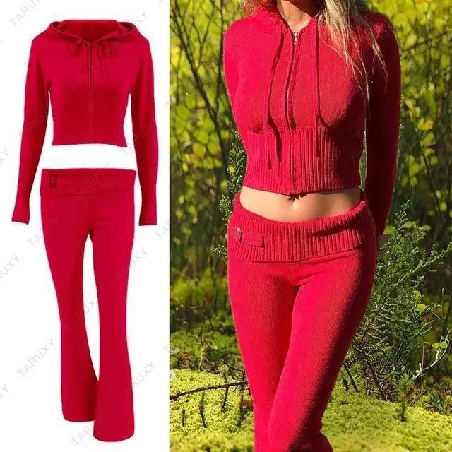 Knitted Hoodie Cropped Top And Pants Set - The Next Door Neighbor 