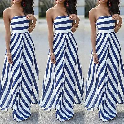 Navy Striped Long Sleeveless Dress