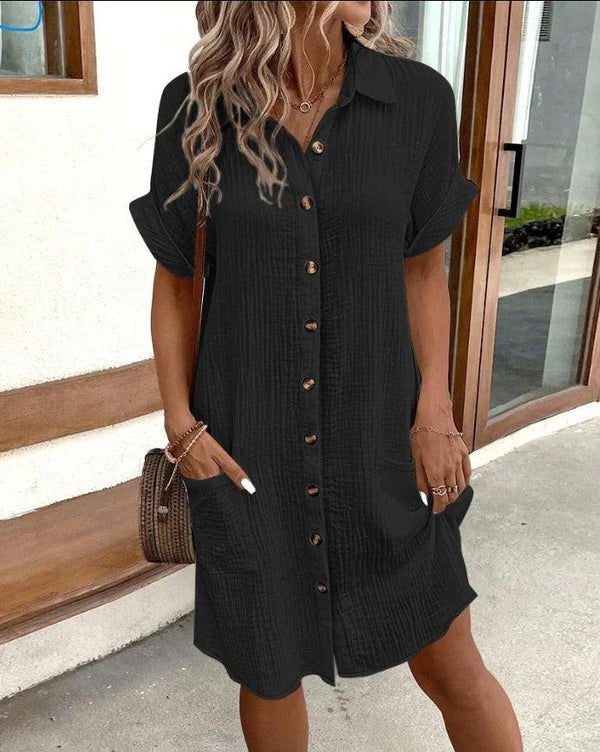 Summer Short Sleeve Solid Color Shirt Dress