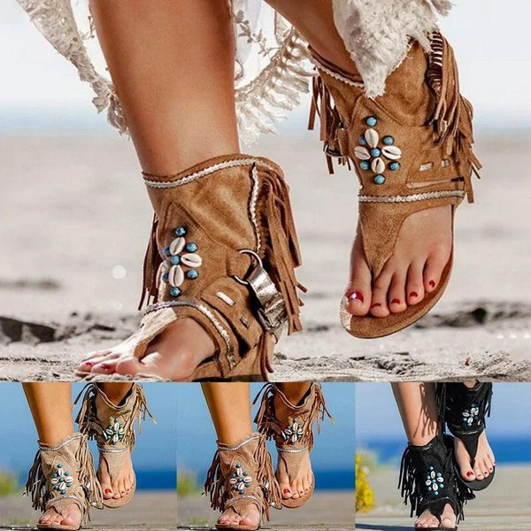 Boho Fringed Flat Sandals - The Next Door Neighbor 