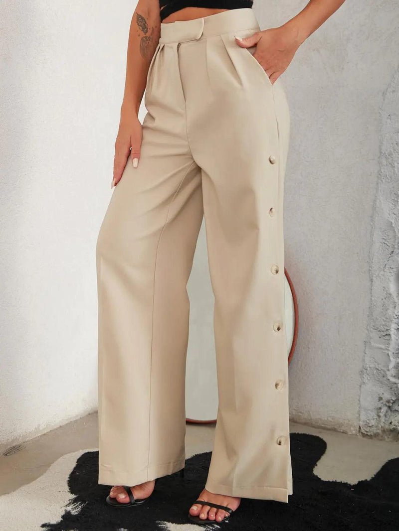 Side Button Pleated Wide Leg Pants - The Next Door Neighbor 