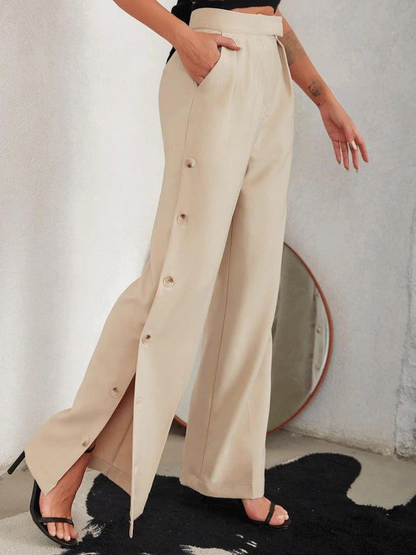 Side Button Pleated Wide Leg Pants - The Next Door Neighbor 