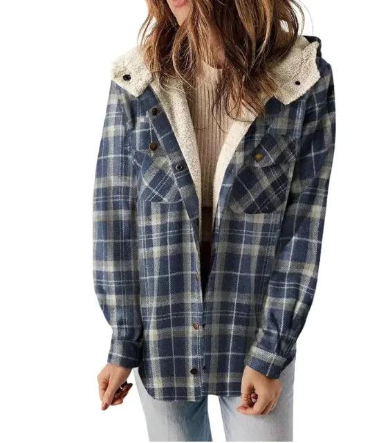 Casual Plaid Hooded Woolen Coat