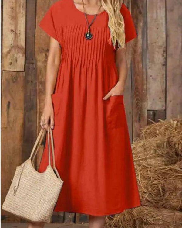 O-Neck Short Sleeve Solid Mid-Calf Dress - The Next Door Neighbor 