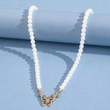 Rhinestone Butterfly Pendant Pearl Necklace - The Next Door Neighbor 