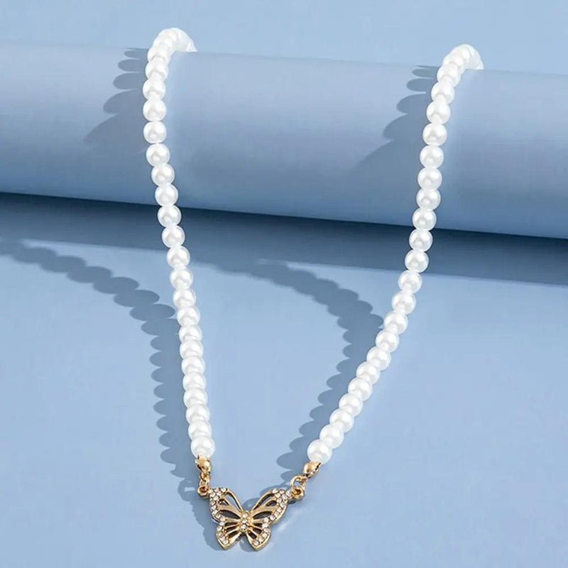 Rhinestone Butterfly Pendant Pearl Necklace - The Next Door Neighbor 