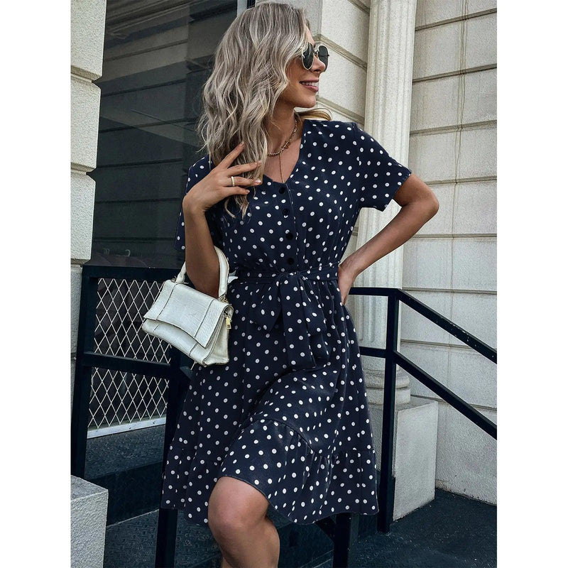 Summer V-Neck Short Sleeved Ruffled Polka Dot Dress