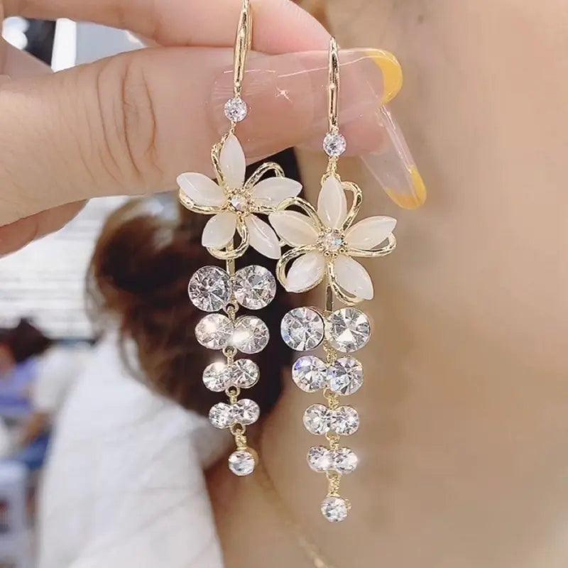 Opal Flower Tassel Earrings