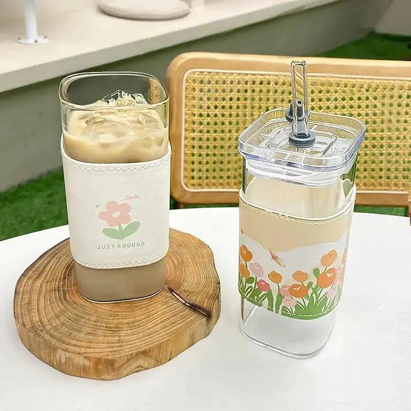 Square Heat Resistant Coffee Glass with Lid and Straw - The Next Door Neighbor 