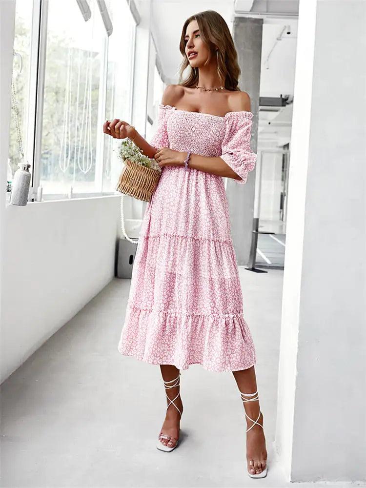 Off Shoulder High Waist Ruffle Stitching Dress - The Next Door Neighbor 