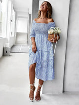 Off Shoulder High Waist Ruffle Stitching Dress - The Next Door Neighbor 