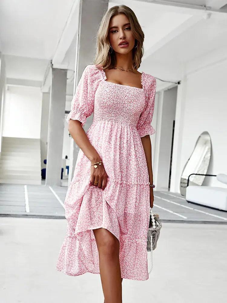 Off Shoulder High Waist Ruffle Stitching Dress - The Next Door Neighbor 