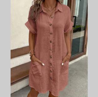 Summer Short Sleeve Solid Color Shirt Dress