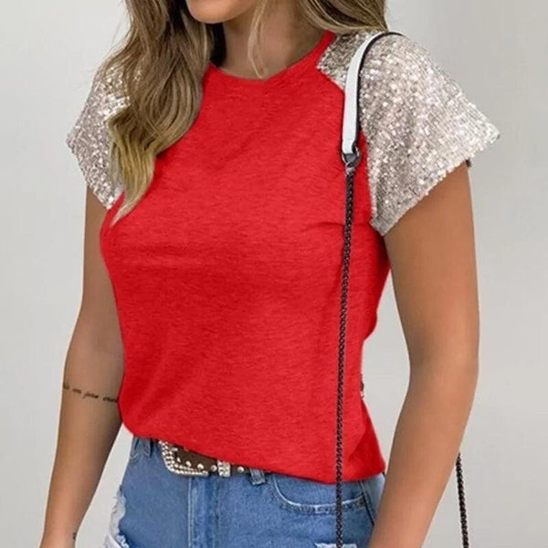 Sequined O-Neck Short Sleeve Summer Blouse