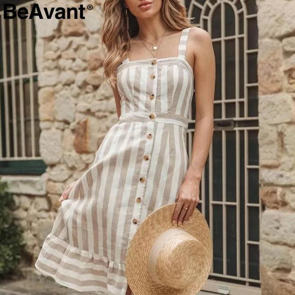 BeAvant Button Striped Linen Cotton Dress