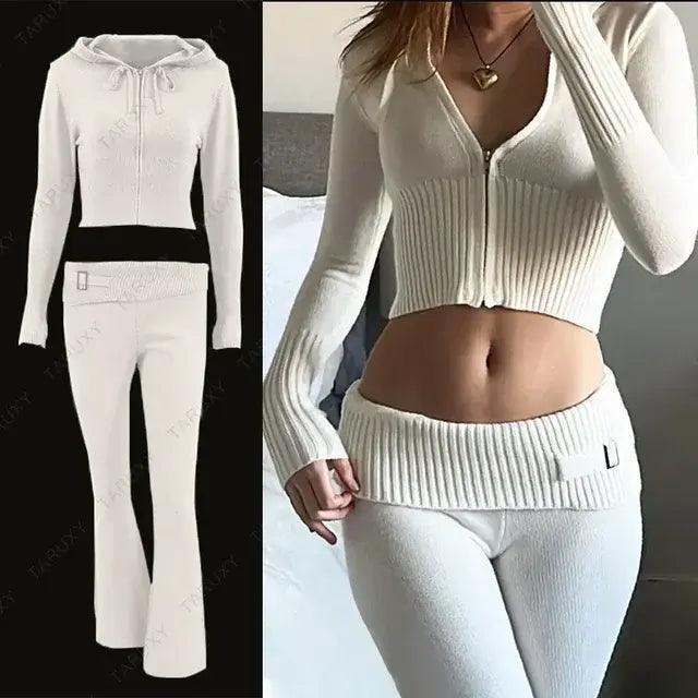 Knitted Hoodie Cropped Top And Pants Set - The Next Door Neighbor 