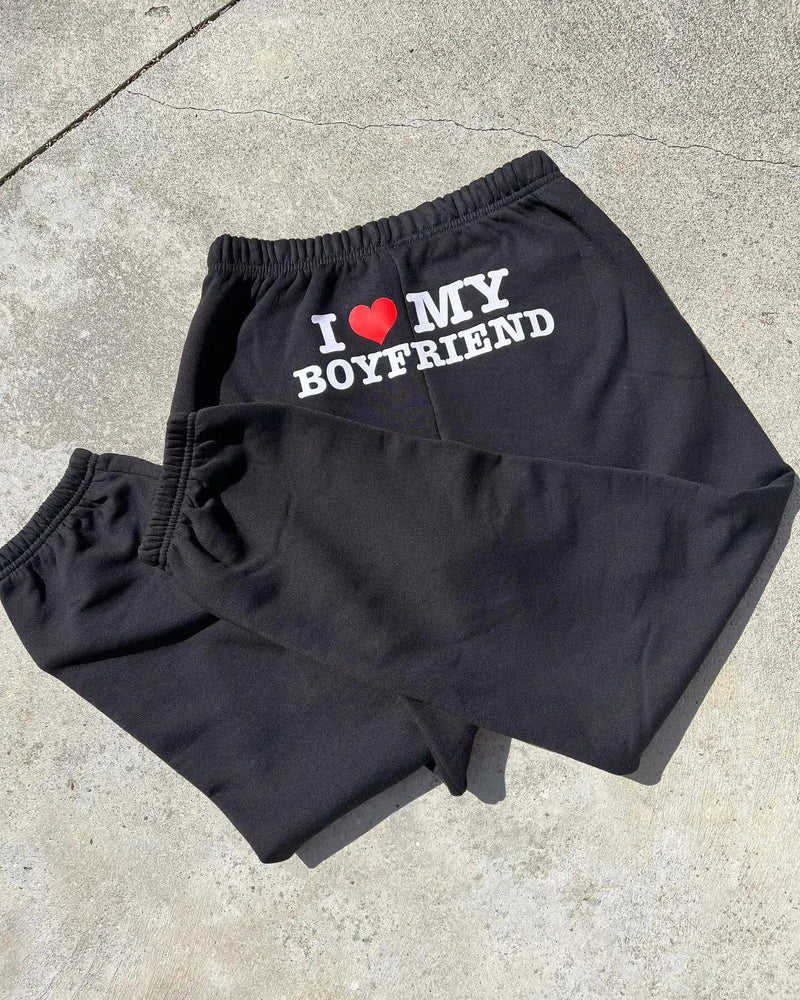 "I Love My Boyfriend" Drawstring Baggy Trousers